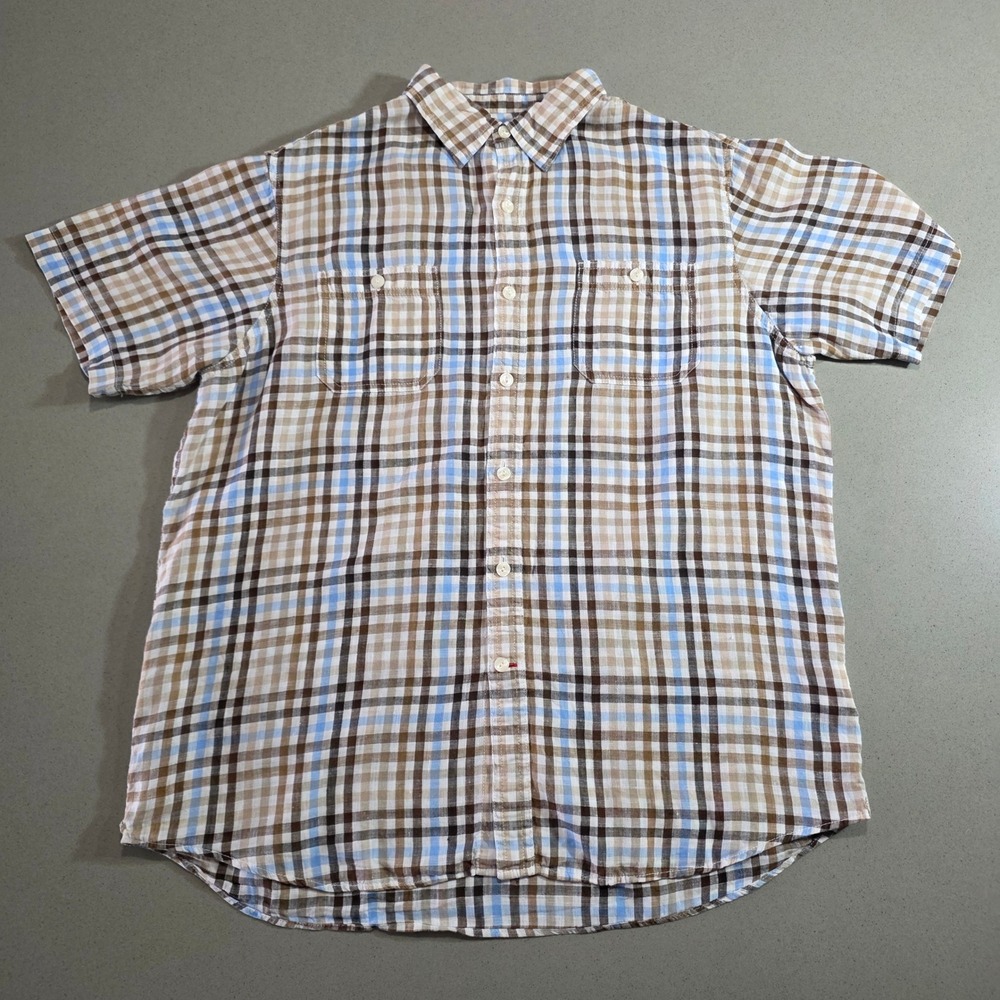 Cremieux Collection Mens Large Brown Blue Plaid 100% Linen Short Sleeve Shirt
